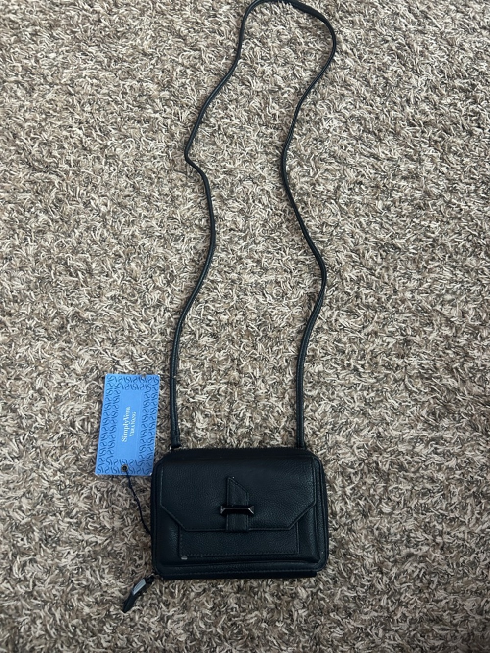 Vera Wang Black Leather Crossbody Bag with Front Buckle
